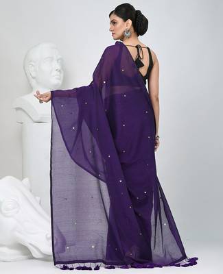 Elegant purple cotton saree with sequin embellishments and pom pom 3