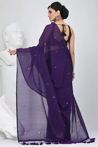 Elegant purple cotton saree with sequin embellishments and pom pom