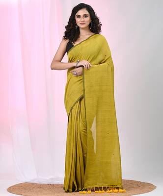 Elegant corn yellow cotton saree with sequin embellishments and pom pom 1