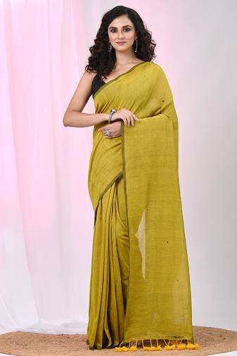 Elegant corn yellow cotton saree with sequin embellishments and pom pom