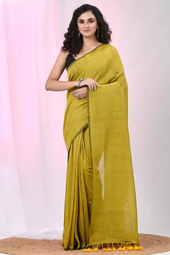 Elegant corn yellow cotton saree with sequin embellishments and pom pom