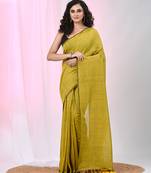 Elegant corn yellow cotton saree with sequin embellishments and pom pom