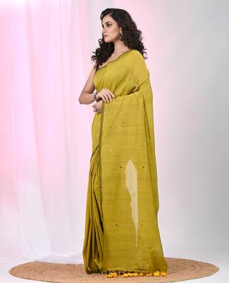 Elegant corn yellow cotton saree with sequin embellishments and pom pom 2
