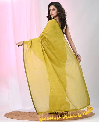 Elegant corn yellow cotton saree with sequin embellishments and pom pom 3