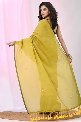 Elegant corn yellow cotton saree with sequin embellishments and pom pom