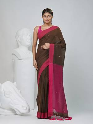 Elegant brown and pink cotton saree with pom pom and sequins 1