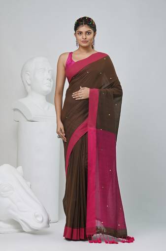 Elegant brown and pink cotton saree with pom pom and sequins