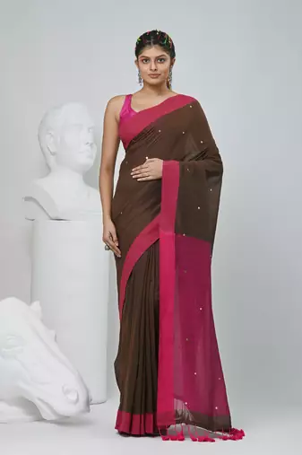 Elegant brown and pink cotton saree with pom pom and sequins