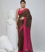 Elegant brown and pink cotton saree with pom pom and sequins