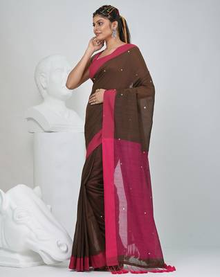 Elegant brown and pink cotton saree with pom pom and sequins 2