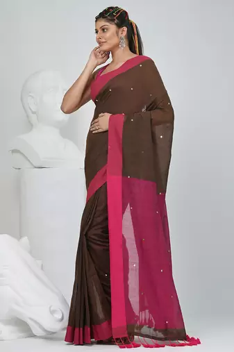 Elegant brown and pink cotton saree with pom pom and sequins