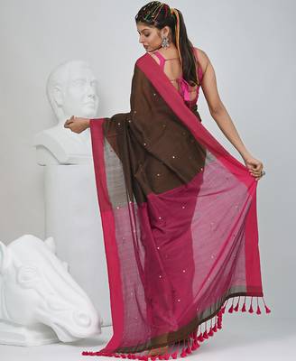 Elegant brown and pink cotton saree with pom pom and sequins 3