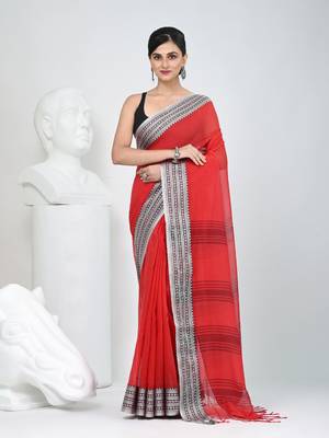 Elegant red mulmul cotton saree with black & white woven border 1