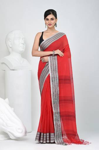 Elegant red mulmul cotton saree with black & white woven border