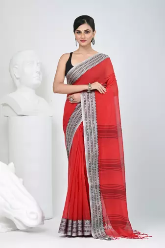 Elegant red mulmul cotton saree with black & white woven border