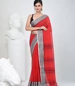 Elegant red mulmul cotton saree with black & white woven border
