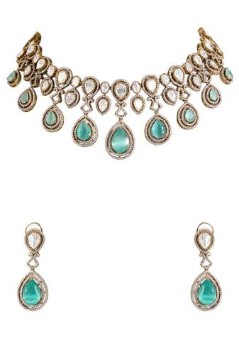 Gold plated green stone choker necklace set