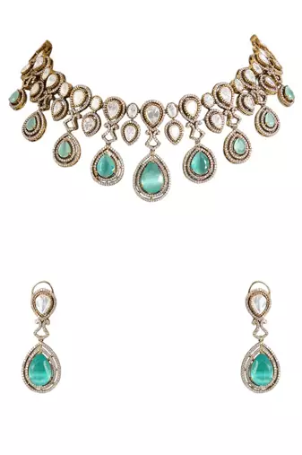 Gold plated green stone choker necklace set