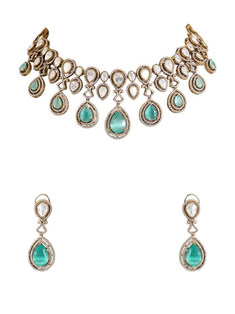 Gold plated green stone choker necklace set