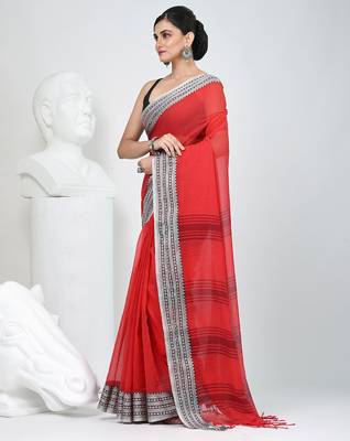 Elegant red mulmul cotton saree with black & white woven border 2