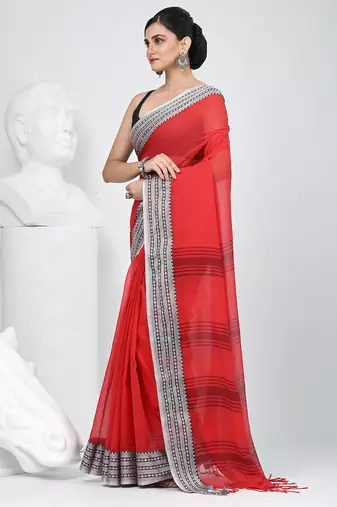 Elegant red mulmul cotton saree with black & white woven border