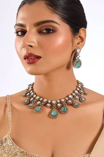 Gold plated green stone choker necklace set