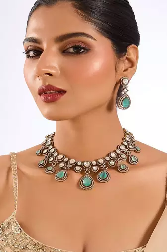 Gold plated green stone choker necklace set