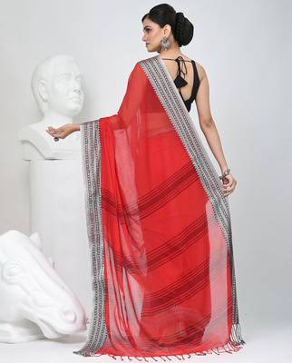 Elegant red mulmul cotton saree with black & white woven border 3