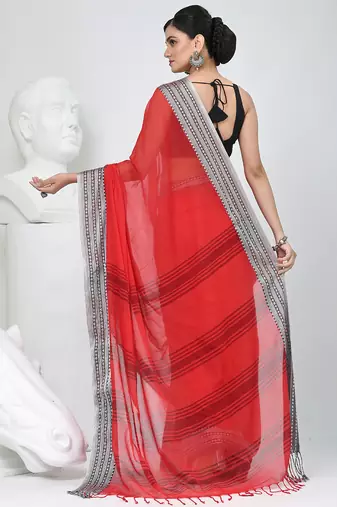 Elegant red mulmul cotton saree with black & white woven border