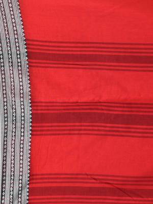 Elegant red mulmul cotton saree with black & white woven border 4