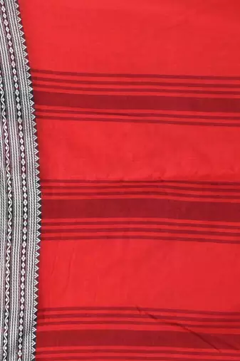 Elegant red mulmul cotton saree with black & white woven border