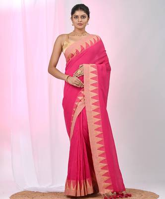 Elegant pink cotton saree with geometric border and pom pom 1