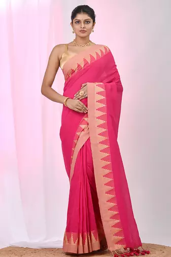 Elegant pink cotton saree with geometric border and pom pom