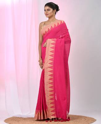 Elegant pink cotton saree with geometric border and pom pom 2