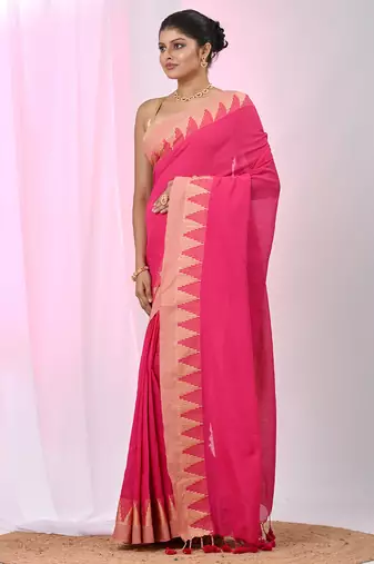Elegant pink cotton saree with geometric border and pom pom
