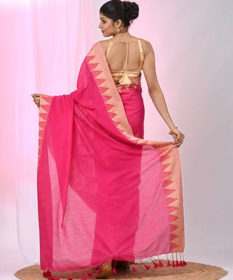 Elegant pink cotton saree with geometric border and pom pom 3