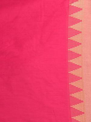 Elegant pink cotton saree with geometric border and pom pom 4