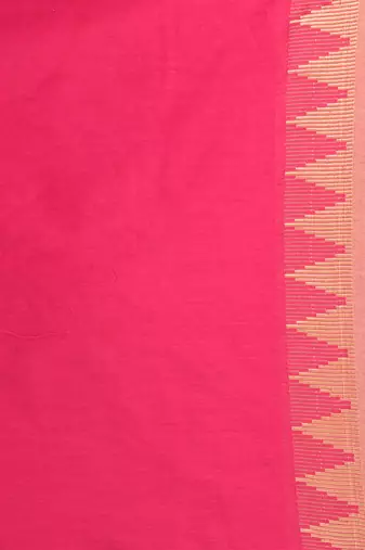 Elegant pink cotton saree with geometric border and pom pom
