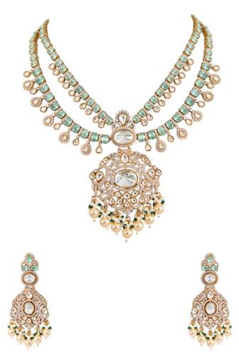 Gold plated green stone layered necklace set