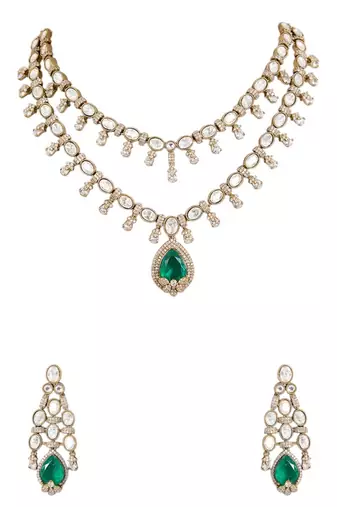 Gold plated green stone layered necklace set