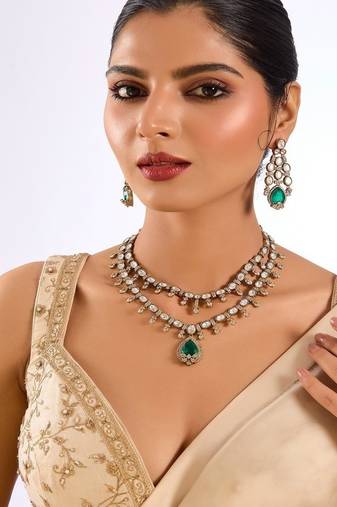 Gold plated green stone layered necklace set
