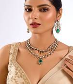 Gold plated green stone layered necklace set