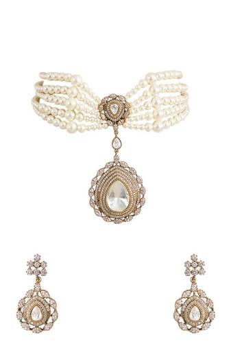 Gold plated sliver stone pearl choker set