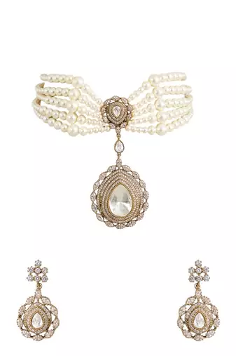 Gold plated sliver stone pearl choker set