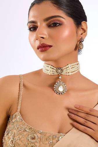 Gold plated sliver stone pearl choker set