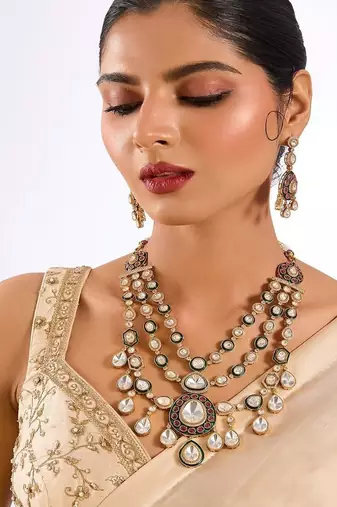 Gold plated multicolor stone layered necklace set