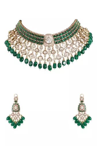 Gold plated green stone choker necklace set