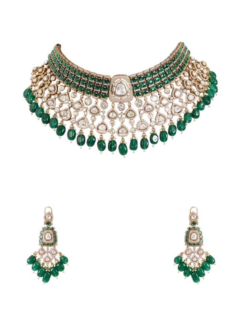 Gold plated green stone choker necklace set