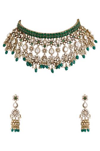 Gold plated green stone choker necklace set