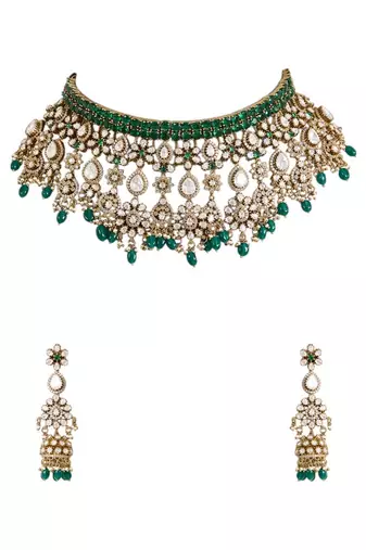Gold plated green stone choker necklace set